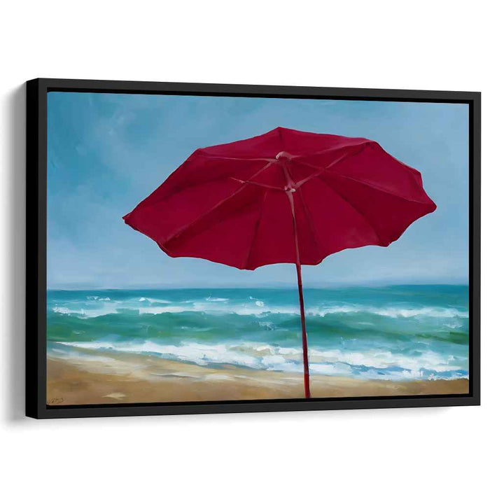 Tranquil Beach Day: Red Umbrella Seascape Canvas Art Print
