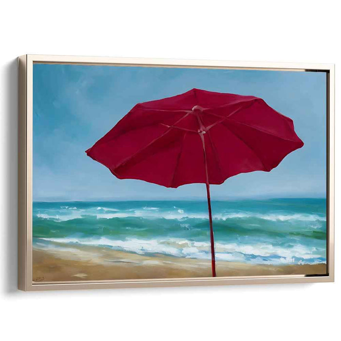 Tranquil Beach Day: Red Umbrella Seascape Canvas Art Print