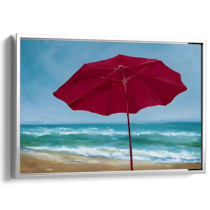 Tranquil Beach Day: Red Umbrella Seascape Canvas Art Print