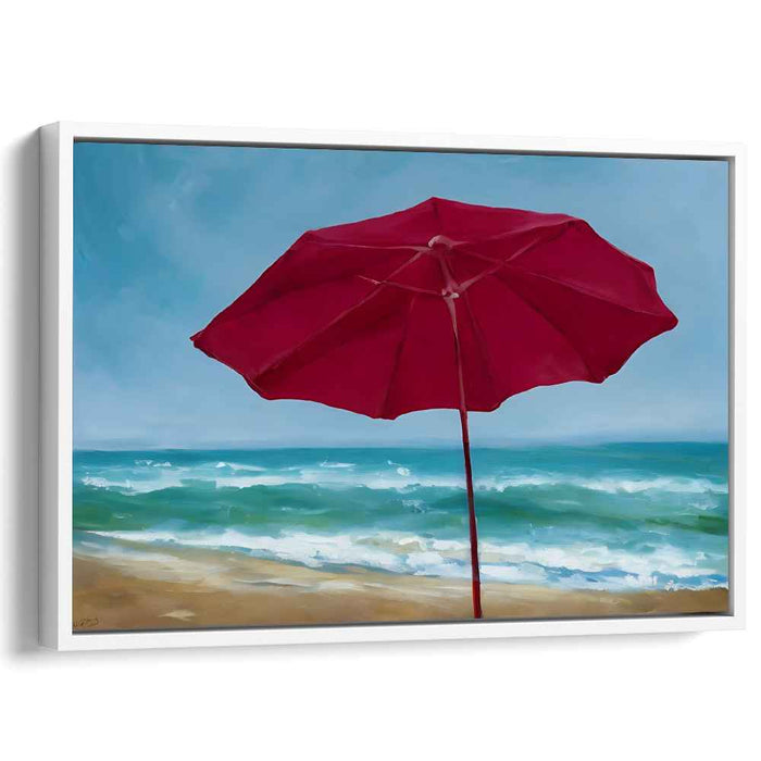 Tranquil Beach Day: Red Umbrella Seascape Canvas Art Print