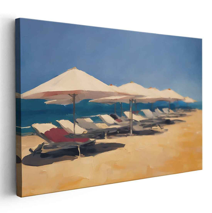 Lazy Day Horizon: Serene Beachside Loungers Under Blue Skies Canvas Art Print
