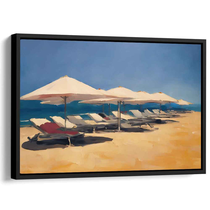 Lazy Day Horizon: Serene Beachside Loungers Under Blue Skies Canvas Art Print