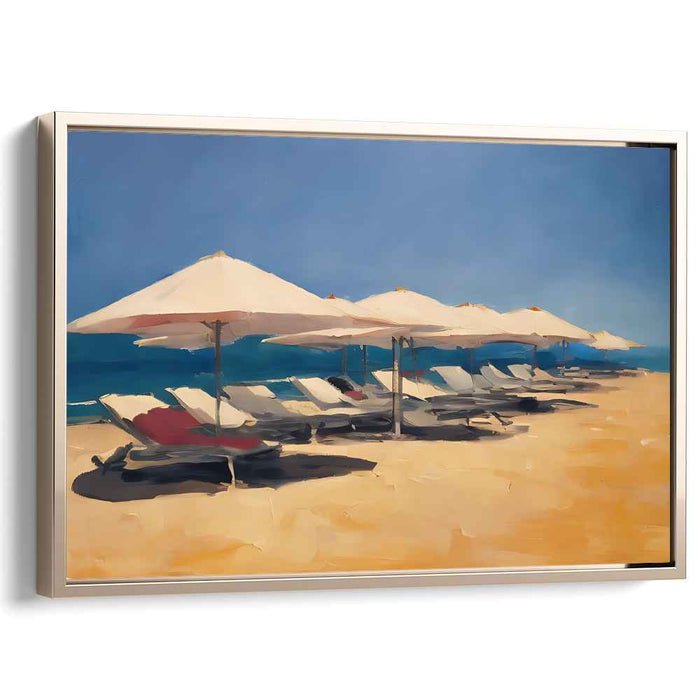 Lazy Day Horizon: Serene Beachside Loungers Under Blue Skies Canvas Art Print