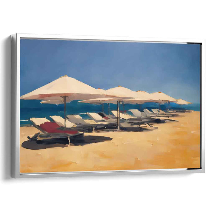Lazy Day Horizon: Serene Beachside Loungers Under Blue Skies Canvas Art Print