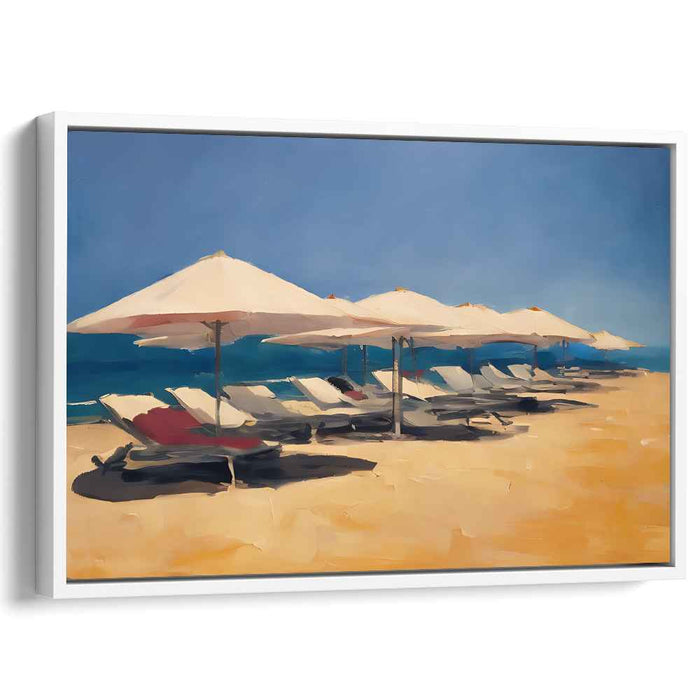 Lazy Day Horizon: Serene Beachside Loungers Under Blue Skies Canvas Art Print