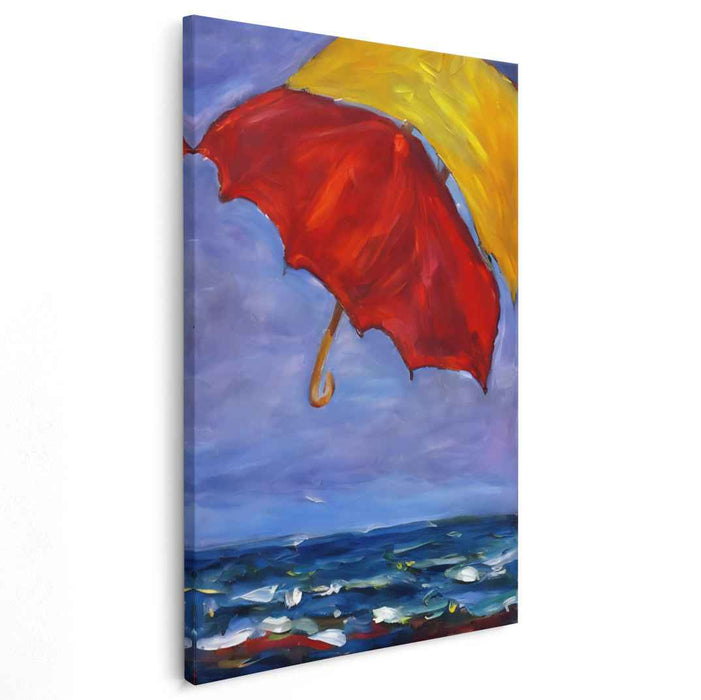 Crimson Sail: Vivid Seascape with Red Umbrella Canvas Art Print