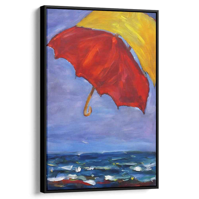 Crimson Sail: Vivid Seascape with Red Umbrella Canvas Art Print