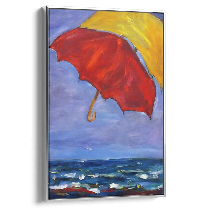 Crimson Sail: Vivid Seascape with Red Umbrella Canvas Art Print