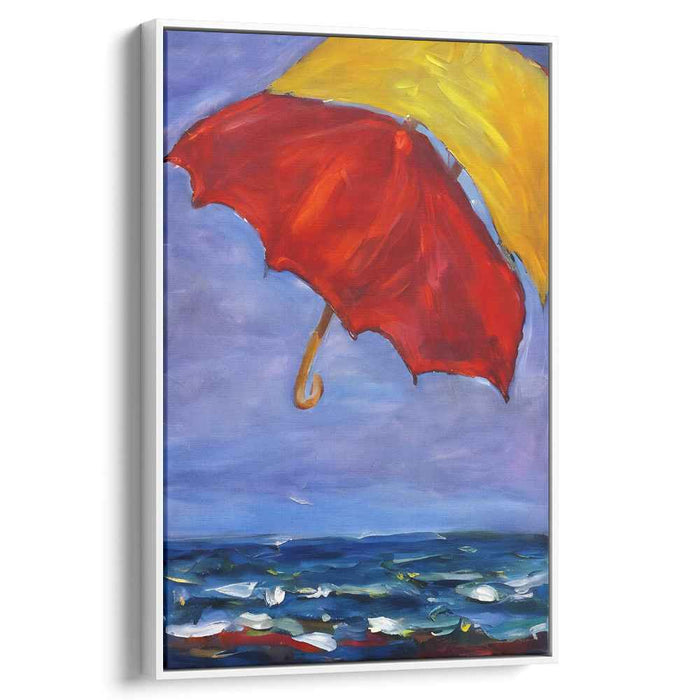 Crimson Sail: Vivid Seascape with Red Umbrella Canvas Art Print