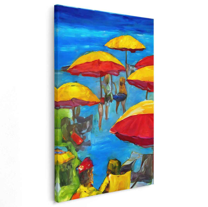 Sunny Parasol Haven: Vibrant Beach Scene with Colorful Umbrellas