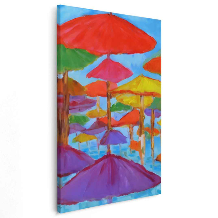 Umbrella Symphony: Colorful Umbrellas Against a Clear Blue Sky