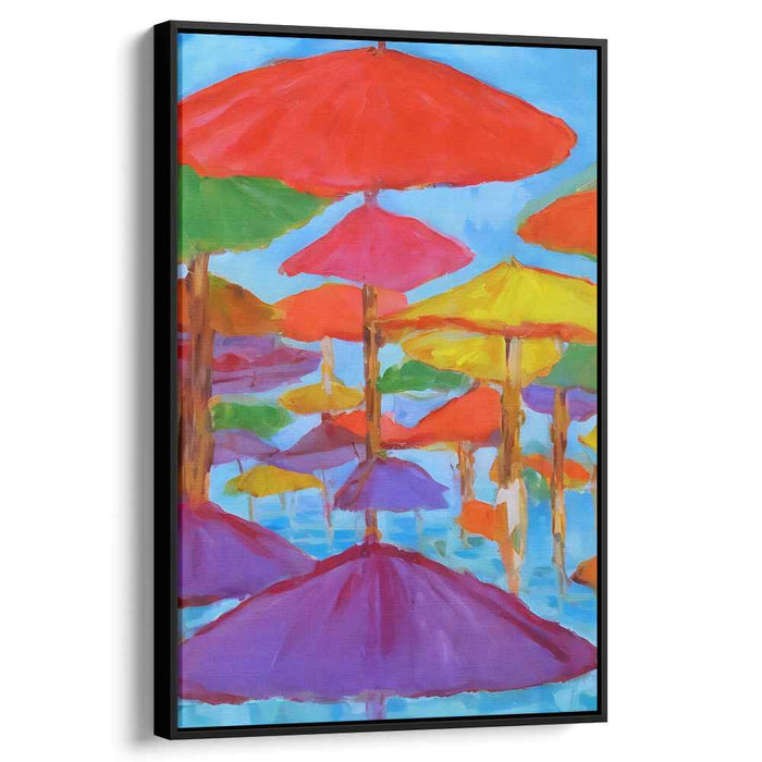 Umbrella Symphony: Colorful Umbrellas Against a Clear Blue Sky