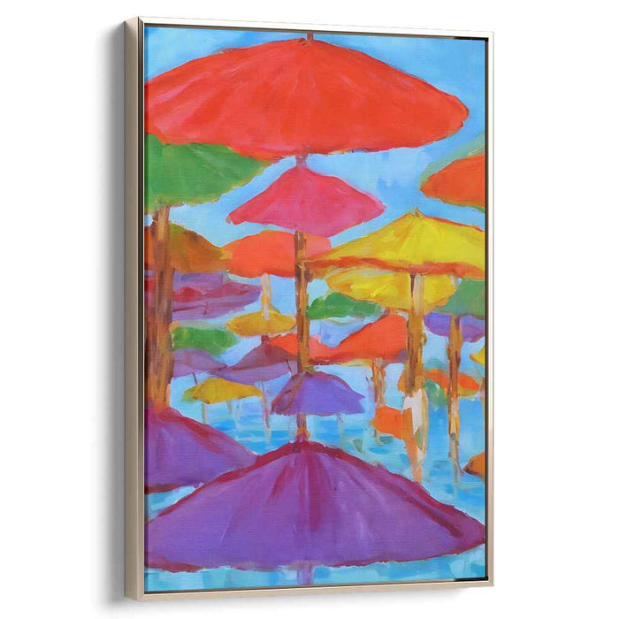 Umbrella Symphony: Colorful Umbrellas Against a Clear Blue Sky