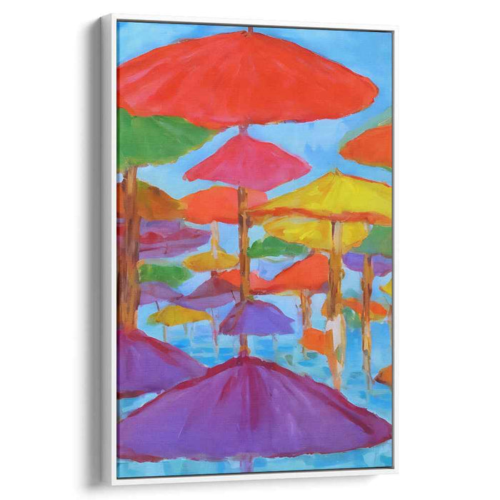 Umbrella Symphony: Colorful Umbrellas Against a Clear Blue Sky