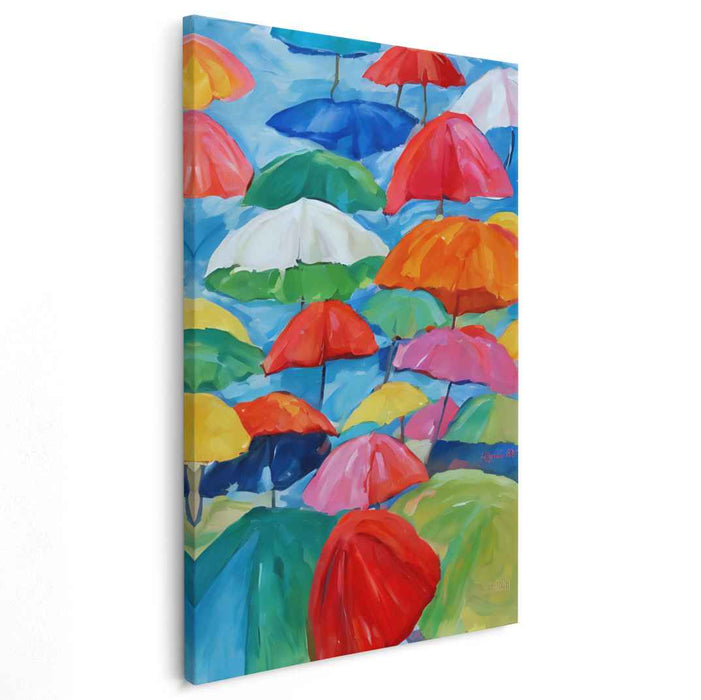 Colorful Rain Dance Symphony: Vibrant Umbrella Impressionist Canvas Art Print
