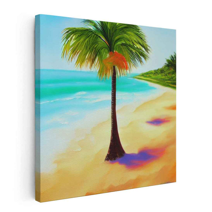 Palm Shade Relaxation: Serene Beach with Palm Tree Canvas Art Print