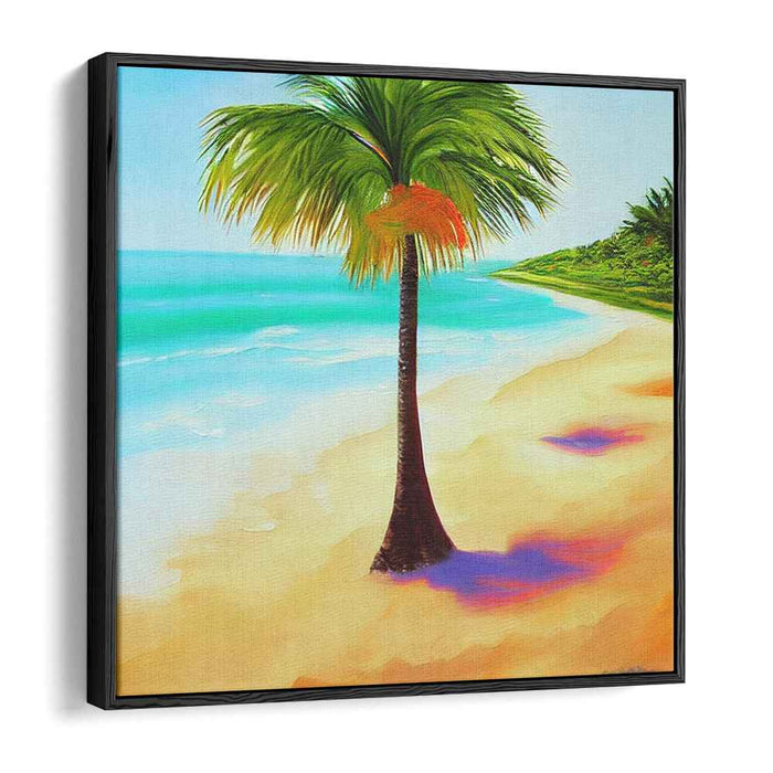 Palm Shade Relaxation: Serene Beach with Palm Tree Canvas Art Print