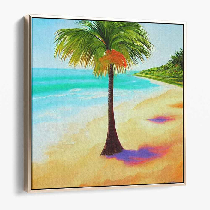 Palm Shade Relaxation: Serene Beach with Palm Tree Canvas Art Print