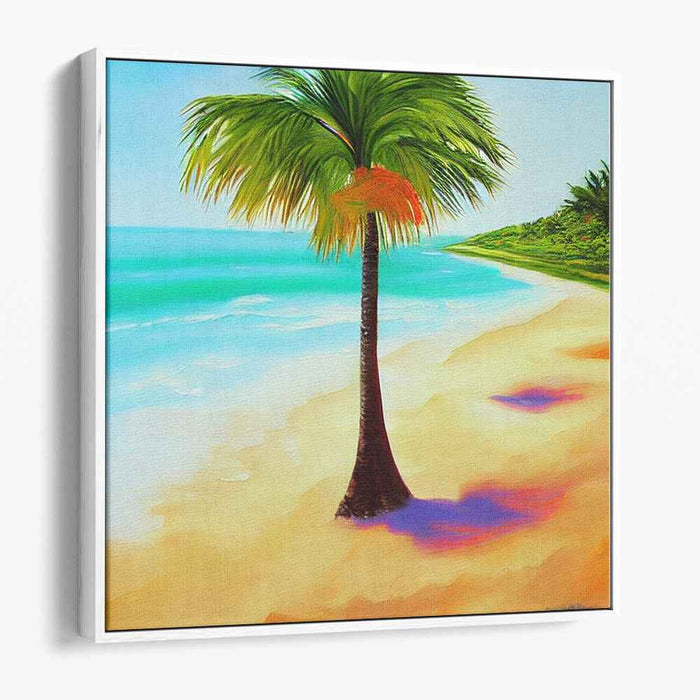 Palm Shade Relaxation: Serene Beach with Palm Tree Canvas Art Print