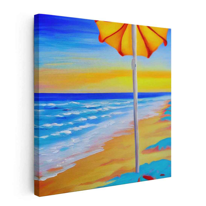 Tropical Shade Harmony: Vibrant Beachscape with Sunlit Umbrella Canvas Art