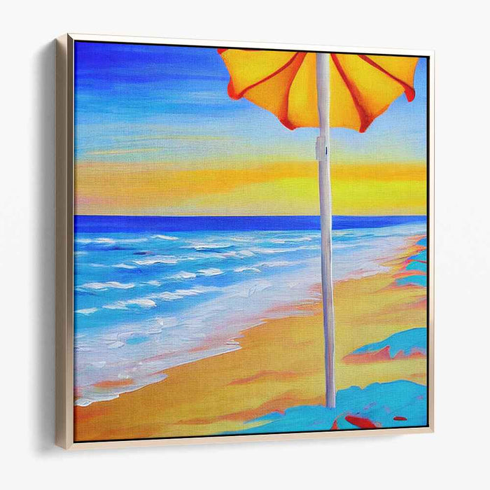 Tropical Shade Harmony: Vibrant Beachscape with Sunlit Umbrella Canvas Art