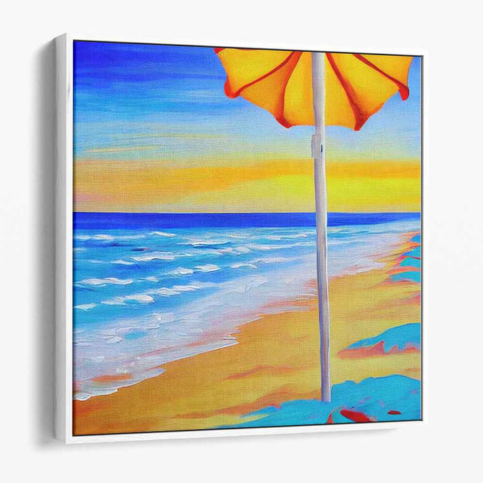 Tropical Shade Harmony: Vibrant Beachscape with Sunlit Umbrella Canvas Art