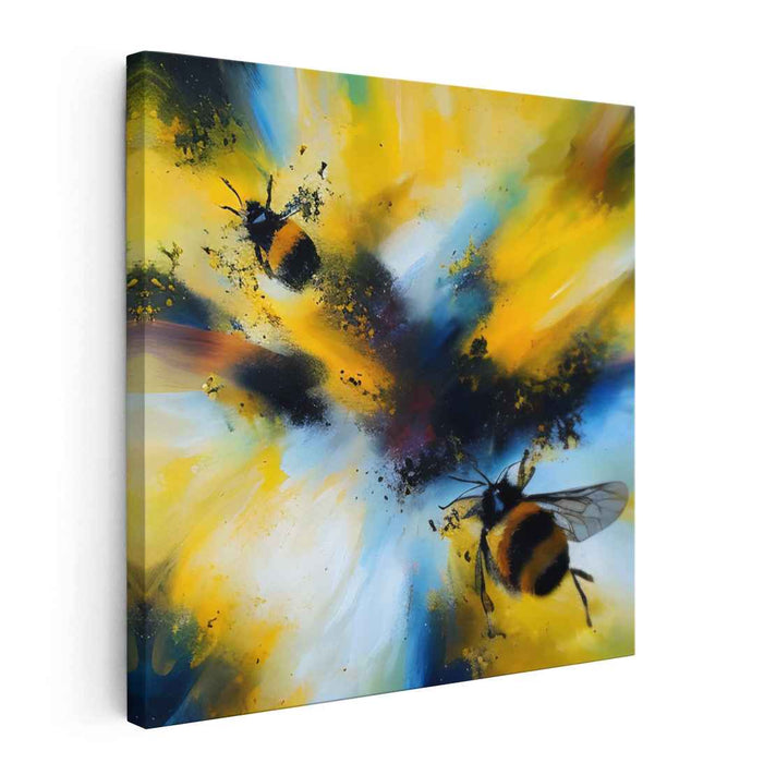 Buzzing Paint Dance: Dynamic Bee and Splatter Canvas Art