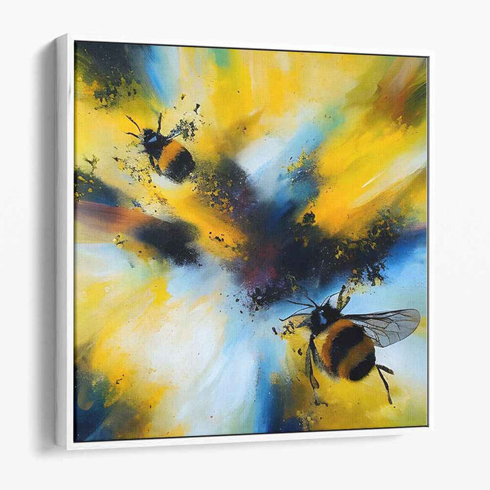 Buzzing Paint Dance: Dynamic Bee and Splatter Canvas Art