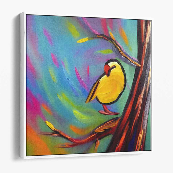 Vibrant Avian Reverie: Expressionist Inspired Colorful Bird on Branch Canvas Art