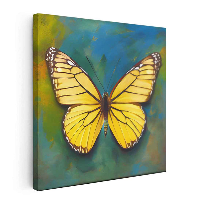 Golden Wings: Vibrant Butterfly on Abstract Blue Canvas Art Print