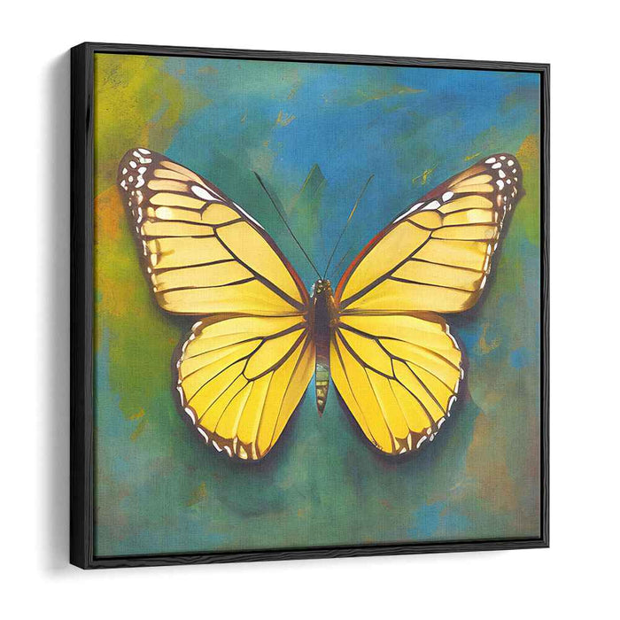 Golden Wings: Vibrant Butterfly on Abstract Blue Canvas Art Print