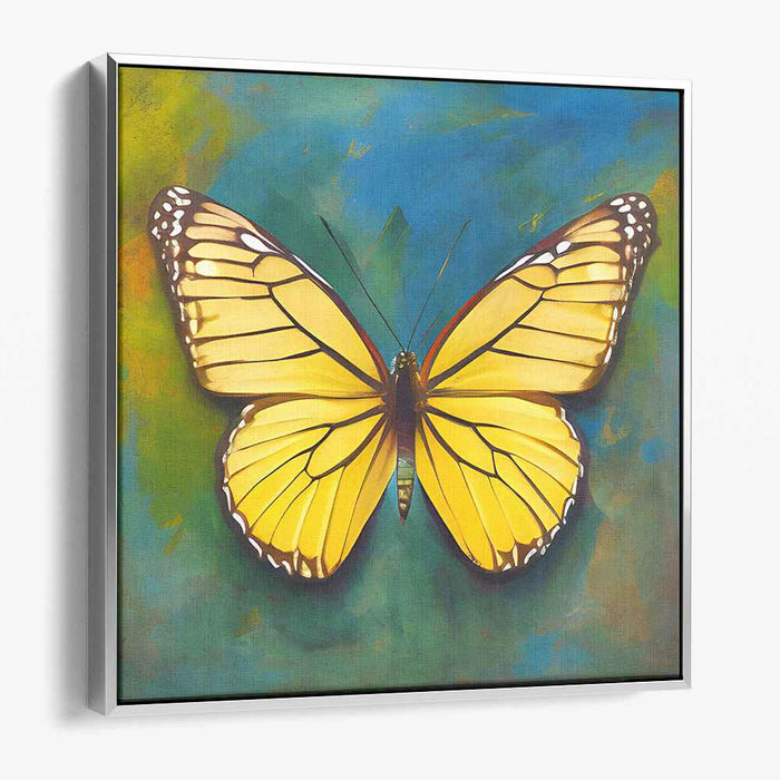 Golden Wings: Vibrant Butterfly on Abstract Blue Canvas Art Print