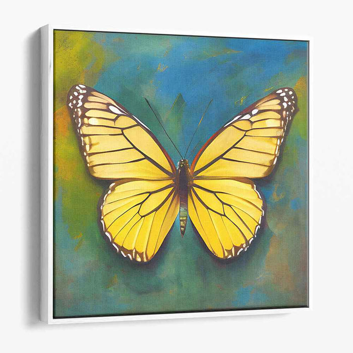 Golden Wings: Vibrant Butterfly on Abstract Blue Canvas Art Print