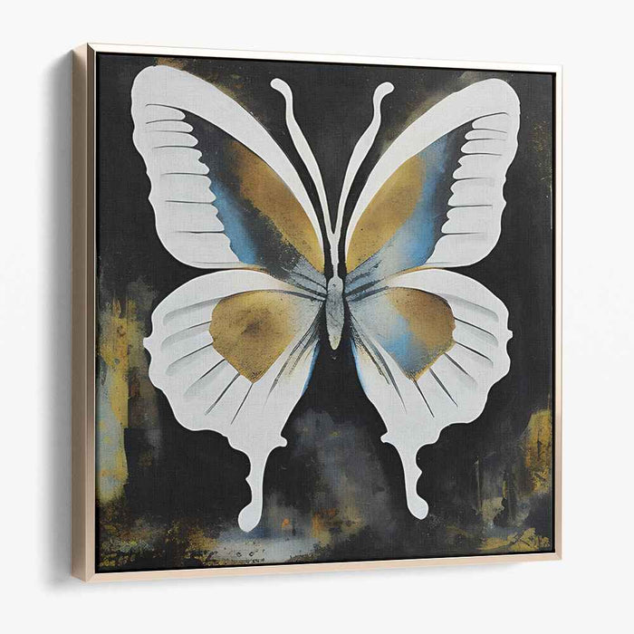 Gilded Wings of Midnight Sky: White Butterfly with Gold and Blue Accents on Dark Canvas