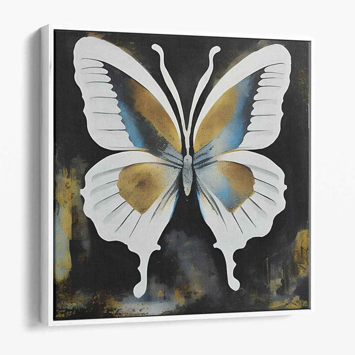 Gilded Wings of Midnight Sky: White Butterfly with Gold and Blue Accents on Dark Canvas