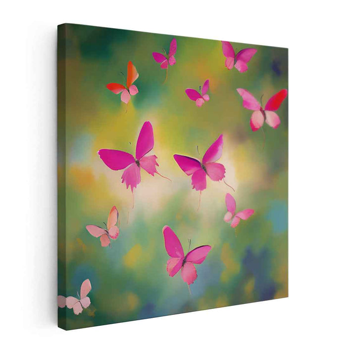 Whispers Among Petal Paths: Pink Butterflies in a Dreamy Garden Canvas Art