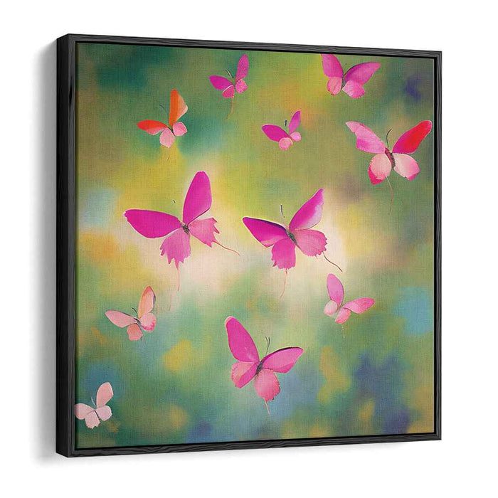 Whispers Among Petal Paths: Pink Butterflies in a Dreamy Garden Canvas Art