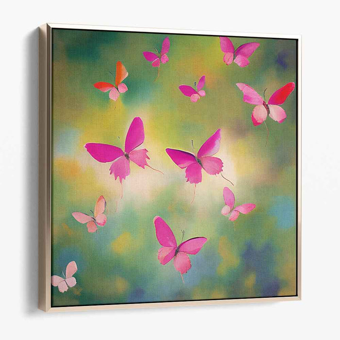 Whispers Among Petal Paths: Pink Butterflies in a Dreamy Garden Canvas Art