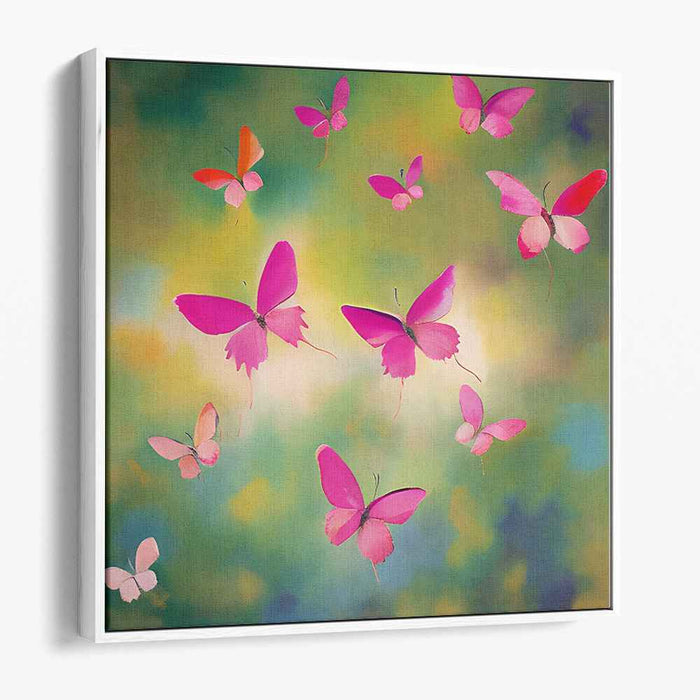 Whispers Among Petal Paths: Pink Butterflies in a Dreamy Garden Canvas Art