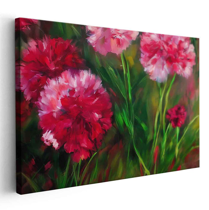 Blossoms Dance in Crimson Silk: Lush Red and Pink Carnations Canvas Art Print