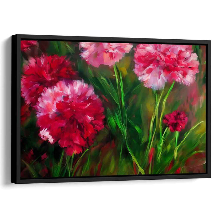 Blossoms Dance in Crimson Silk: Lush Red and Pink Carnations Canvas Art Print