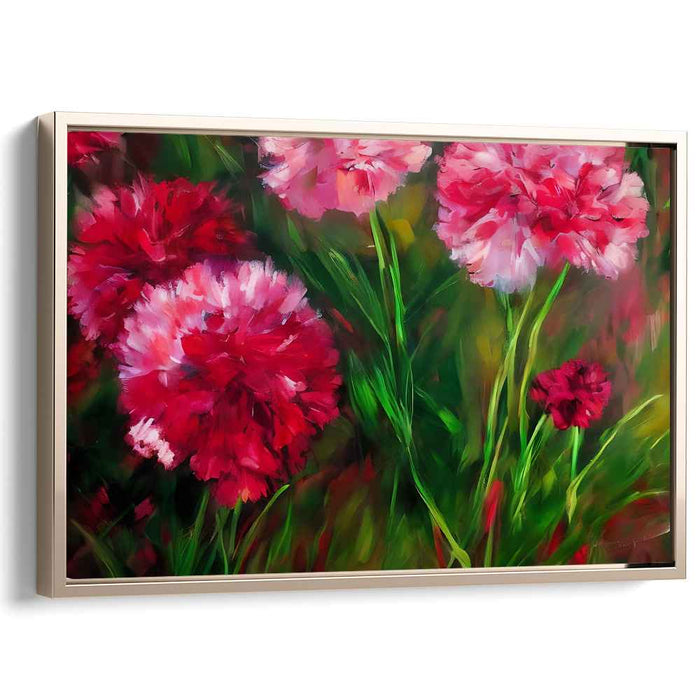 Blossoms Dance in Crimson Silk: Lush Red and Pink Carnations Canvas Art Print