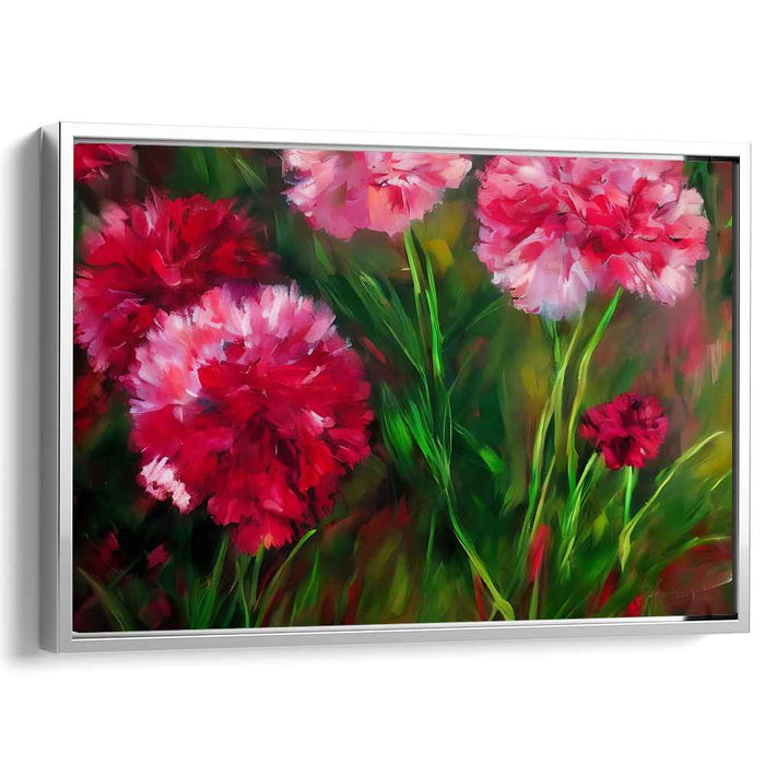 Blossoms Dance in Crimson Silk: Lush Red and Pink Carnations Canvas Art Print