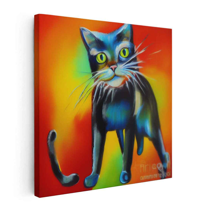 Feline Fire Dance: Expressive Blue Cat on Fiery Orange Canvas Art Print