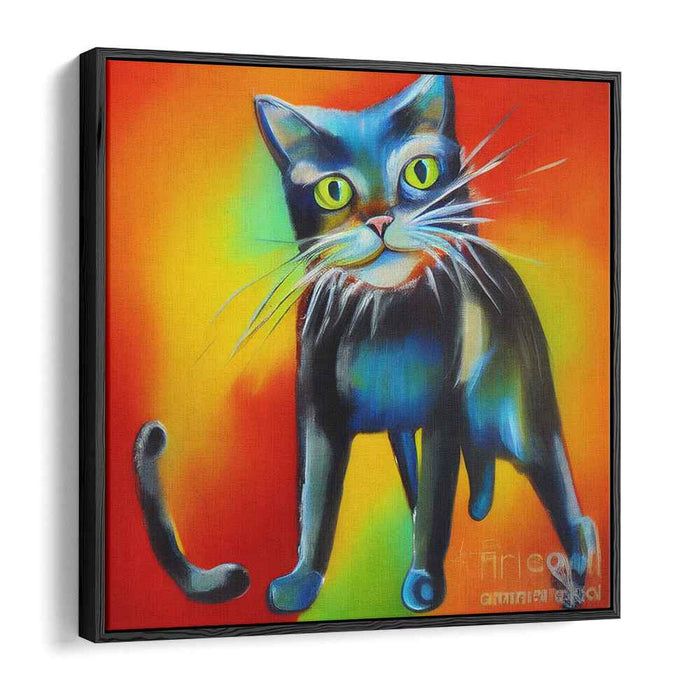 Feline Fire Dance: Expressive Blue Cat on Fiery Orange Canvas Art Print