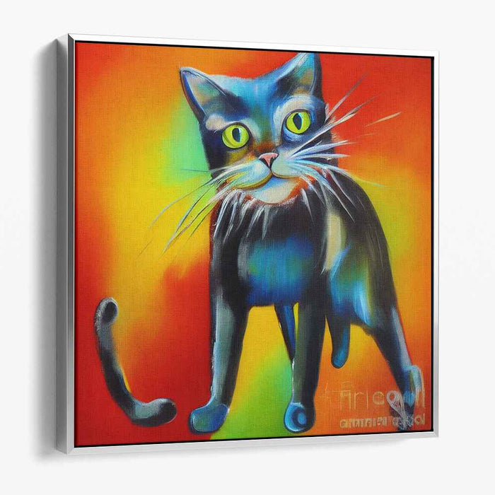 Feline Fire Dance: Expressive Blue Cat on Fiery Orange Canvas Art Print