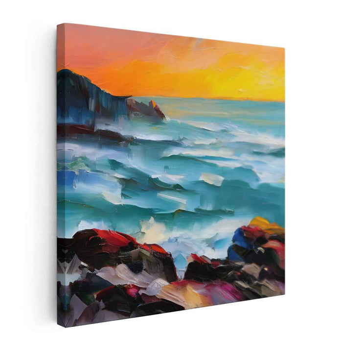 Crimson Horizon Dance: Vivid Sunset Over Turbulent Seas Canvas Art