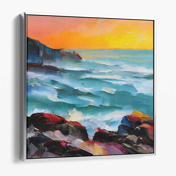 Crimson Horizon Dance: Vivid Sunset Over Turbulent Seas Canvas Art