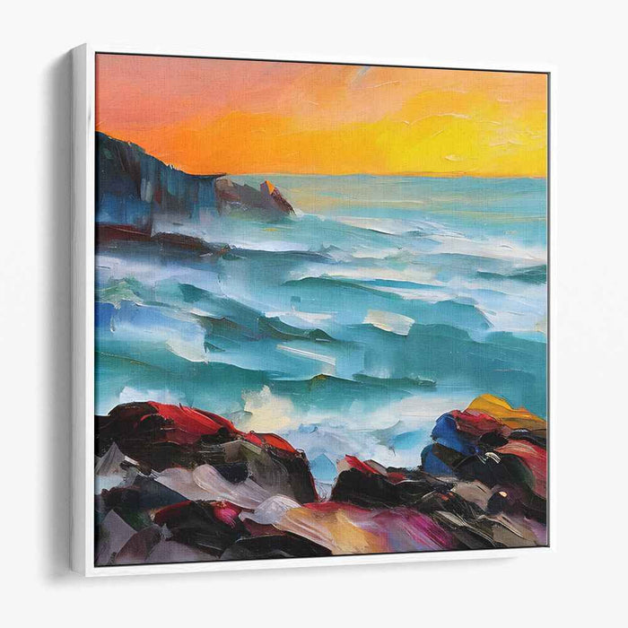 Crimson Horizon Dance: Vivid Sunset Over Turbulent Seas Canvas Art