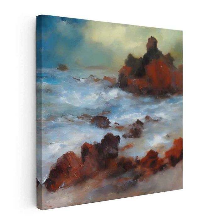 Crimson Drama By The Shore: Dramatic Crimson Coastline Canvas Art Print